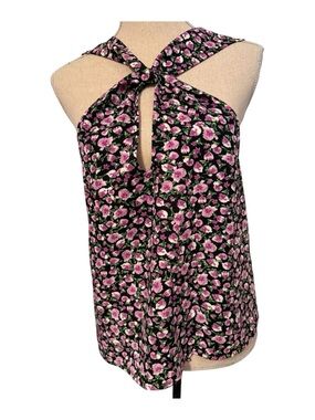 ZARA TOP SLEEVELESS BLOUSE TANK BLACK PURPLE FLORAL PRINT KEYHOLE SIZE S NWOT